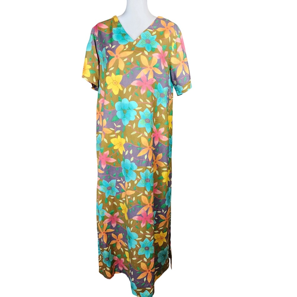 Cabernet Linen Blend Floral Maxi Dress Womens Large Teal Orange Beach Coastal